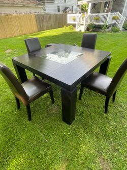ASHLEY Dining Room Set with 4 Chairs removable glass and rock insert & 2 Storage benches