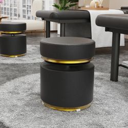 15” Black PU Leather Round Vanity Adjustable Height Stool w/ Hydraulic Lift & Gold Trim [NEW IN BOX] **Retails for $185