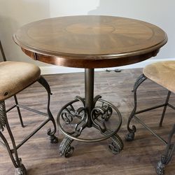 Round Solid Wood Pub Table With Two Bar Stools