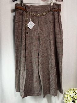 ZARA Womens Large Brown Plaid Pleated Wide-Leg Culottes with Chain Accent