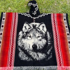Adult Size Wolf Alpaca Poncho, One Size
