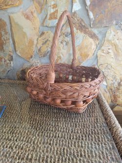 Square Large Wicker Wooden Bead Brown Braided Twisted Boho Basket w/ Handle VTG
