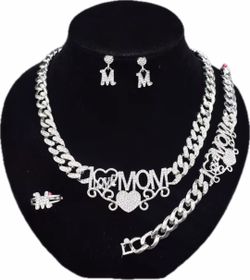 High Quality Silver Cuban Link Mom Jewelry Set, Necklace, Bracelet, Earrings, Ring