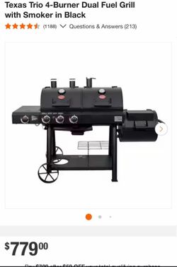 New in the box Texas Trio 4-Burner Dual Fuel Grill with Smoker in Black