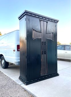 Gorgeous Large 7.5’ Black Gothic Medieval Style Armoire Wardrobe TV Cabinet