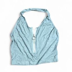 Teal Ribbed Halter Neck Zip-Front Crop Top Women's Size M