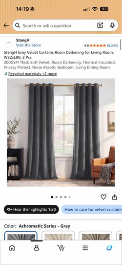Grey Velvet Blackout Curtains, 2 Panels W52xL90