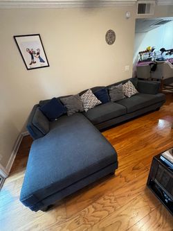 Blue/Gray Sectional Sofa with Chaise + Pillows – $250
