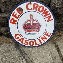 Vintage Porcelain Red Crown Gasoline Sign 11” Diameter