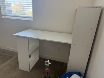 White Wood Desk with Side Shelving