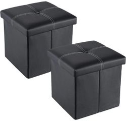 Leather Folding Storage Ottoman Coffee Table Small Foot Stool for Living Room, Bedroom, 11.8"X11.8"X11.8", Black Pack of 2