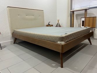 Full | Walnut bedframe, fabric headboard, & double boxspring