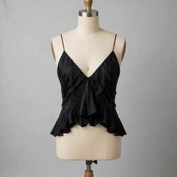 Black Satin Camisole with Ruffle Hem - Like New