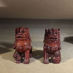 Vintage Pair Foo Dog Guardian Lion Dragon Red Resin Figurines Statues
