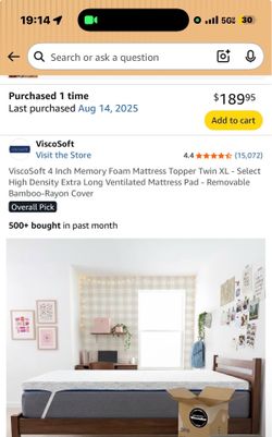 Lightly used Mattress Topper 4” twin xl for dorm bed-Viscosoft