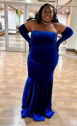 Beautiful royal blue, velvet, off the shoulders, floor length gown with matching gloves