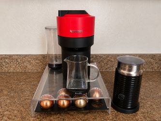 Nespresso machine + Aeroccino frother + water tank + pod holder/stand