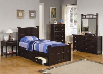 Cappuccino 4 Piece Platform Bedroom Set with Storage - TWIN OR FULL (NO CREDIT CHECK FINANCING AVAILABLE)