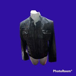 Women's Black Leather Jacket By Saga Size L