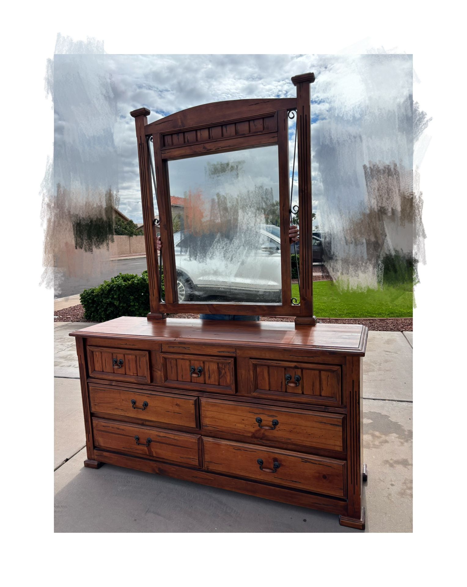 Great condition ! Wooden Dresser with glass: 63”wide*18deep*32”tall