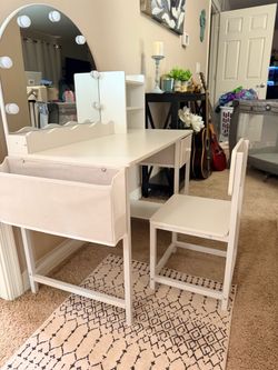 Children’s White Vanity Desk with Lighted Mirror and Chair