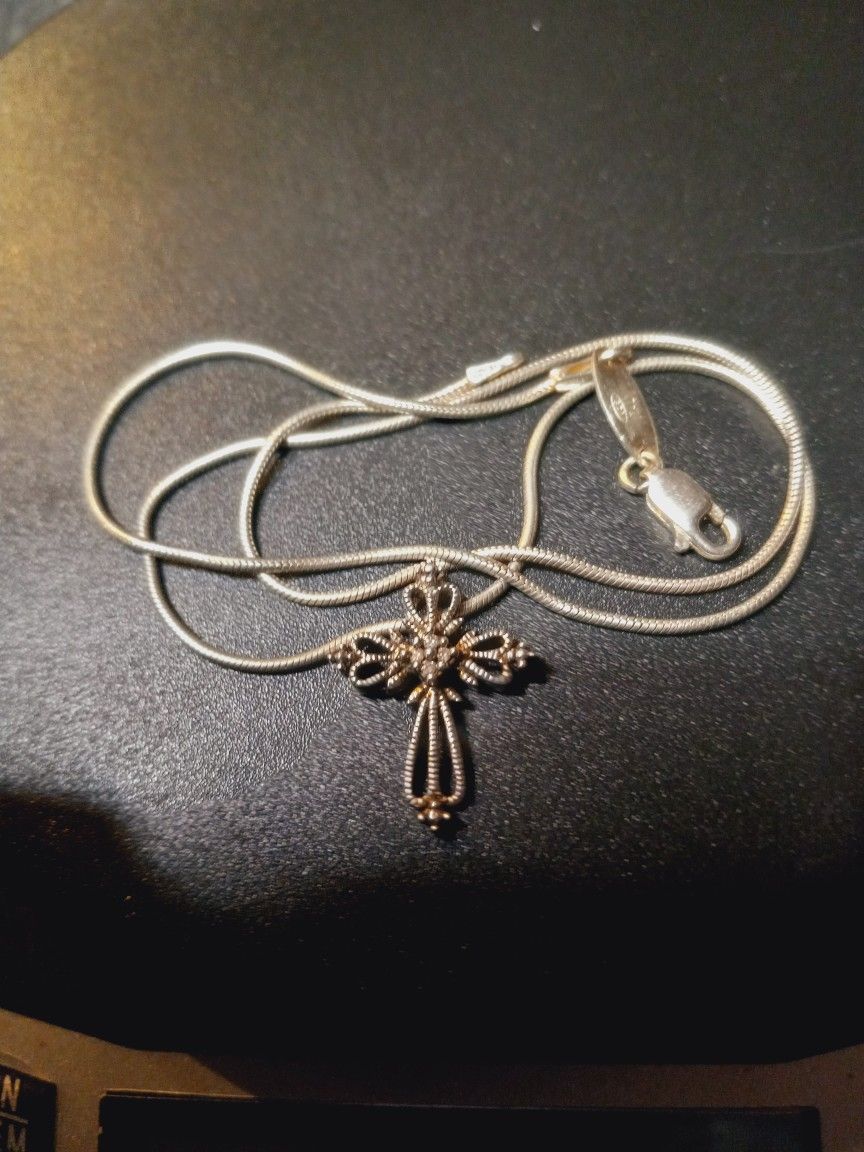 St.Silver Necklace & Cross Pendant-16"L