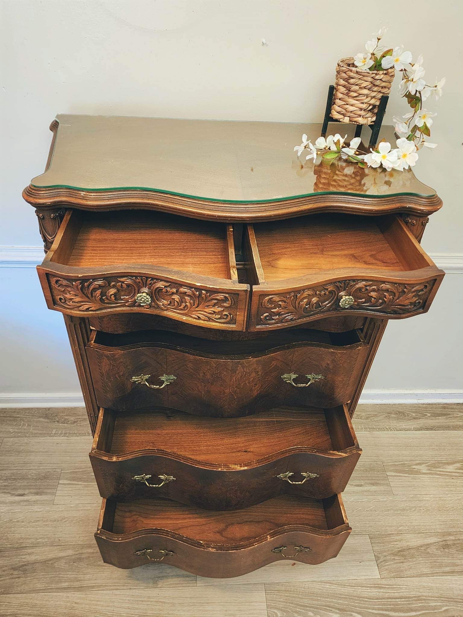 Serpentine Walnut French Provincial Dresser