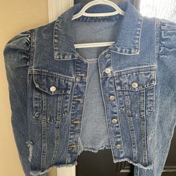 Brand New Cropped Puff Sleeve Button - Front Denim Jacket 