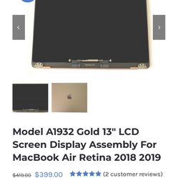 MacBook Air gold 13 inch replacement screen only