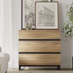 Dresser for Bedroom, Closet Organizers and Storage with 3 Drawers, Chest of Drawers with Metal Base, Modern Wood Dresser for Living Room, Hallway, Ent