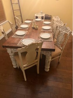 8- Piece Rustic Wood White Washed Dining Set