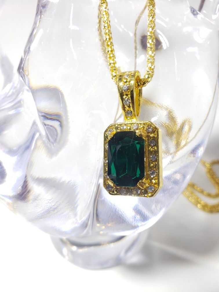 Green Fashion Gold Plated Gemstone Necklace Chain Filled Diamond Titanium Hip Hop Pendant Necklace