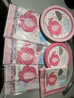 Girl baby shower, paper goods, and table cloths