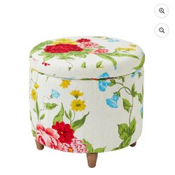 The Pioneer Woman Vintage Floral Fabric Round Storage Ottoman, White