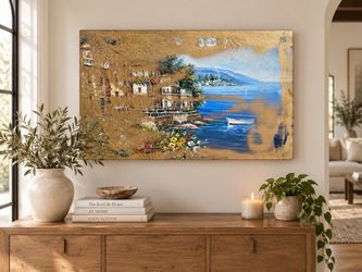 Large Mediterranean Coastal Oil Painting on Canvas
