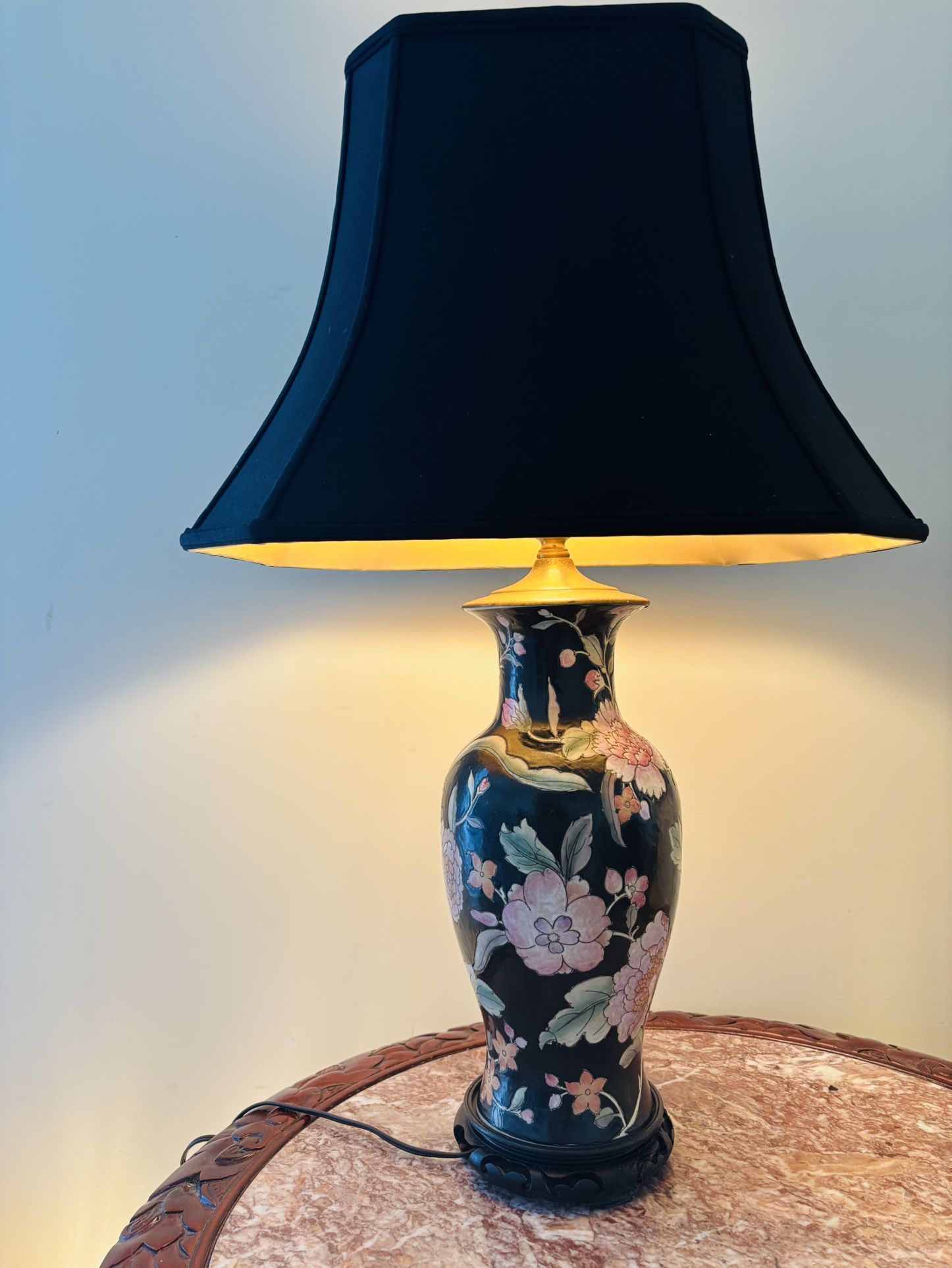Elegant 30" Floral Ceramic Table Lamp with Black Fabric Shade