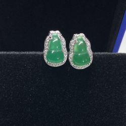 Silver 925 Gourd Natural Icy Green Jade Jadeite Earring Earrings