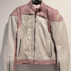 Alpinestars Women's Pink and  Pearl White Leather Motorcycle Jacket