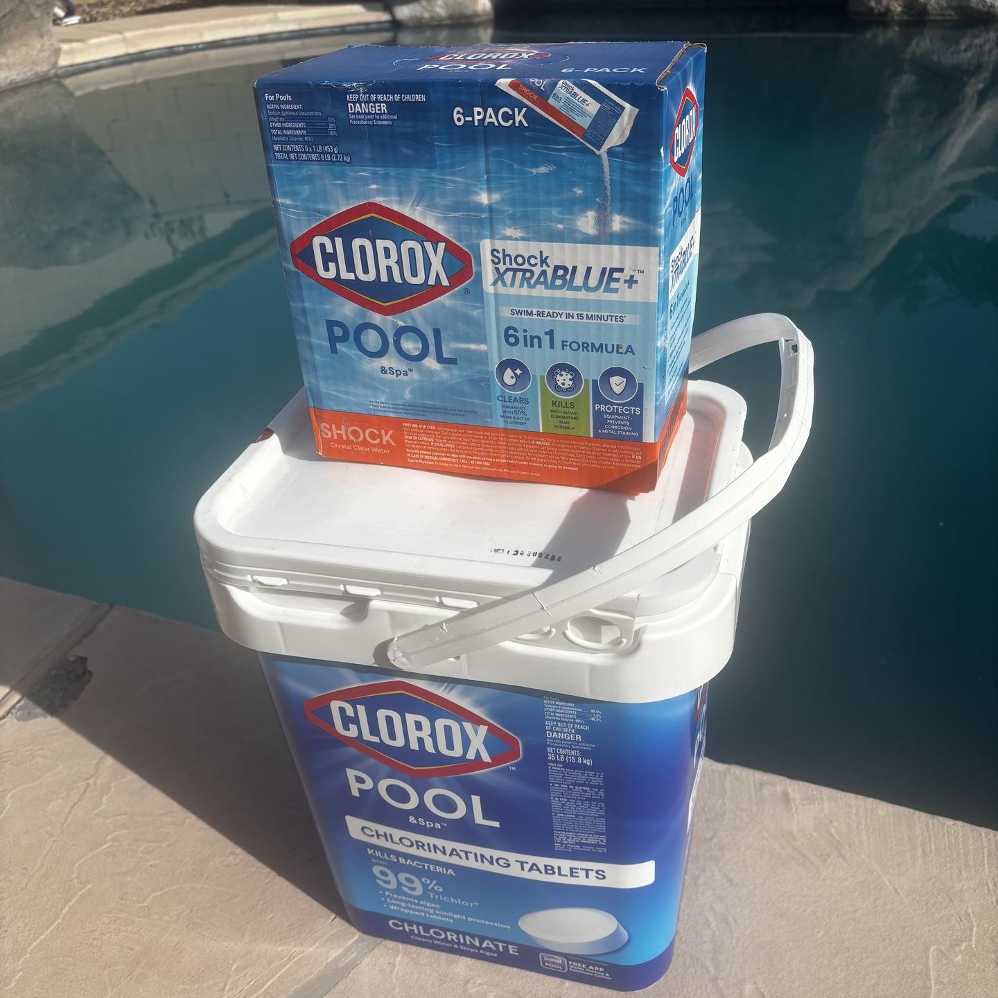 package deal 35 Pound 99% Chlorine Pool / Spa Tablets Plus 6 pack Clorox 6-1 pool Clarifier Shock