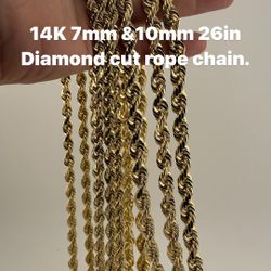 14K GOLD 7mm & 10mm 26in diamond cut rope chain. brand new in stock.