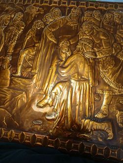 Copper Embossed Relief Of Religious Scene Signed By Artist 