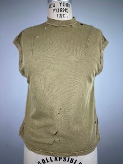 Silence + Noise Distressed Ribbed Mock Neck Cap Sleeve T-Shirt XS Olive Green