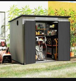 6x8FT Outdoor Resin Storage Shed with Transparent Windows & Louvered Vents, Plastic Tool Shed with Double Lockable Doors & Sloping Roof, Outside Garde