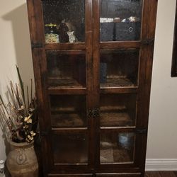 Mexican Rustic Wood Vitrina Cabinet W/Glass Panel Doors 