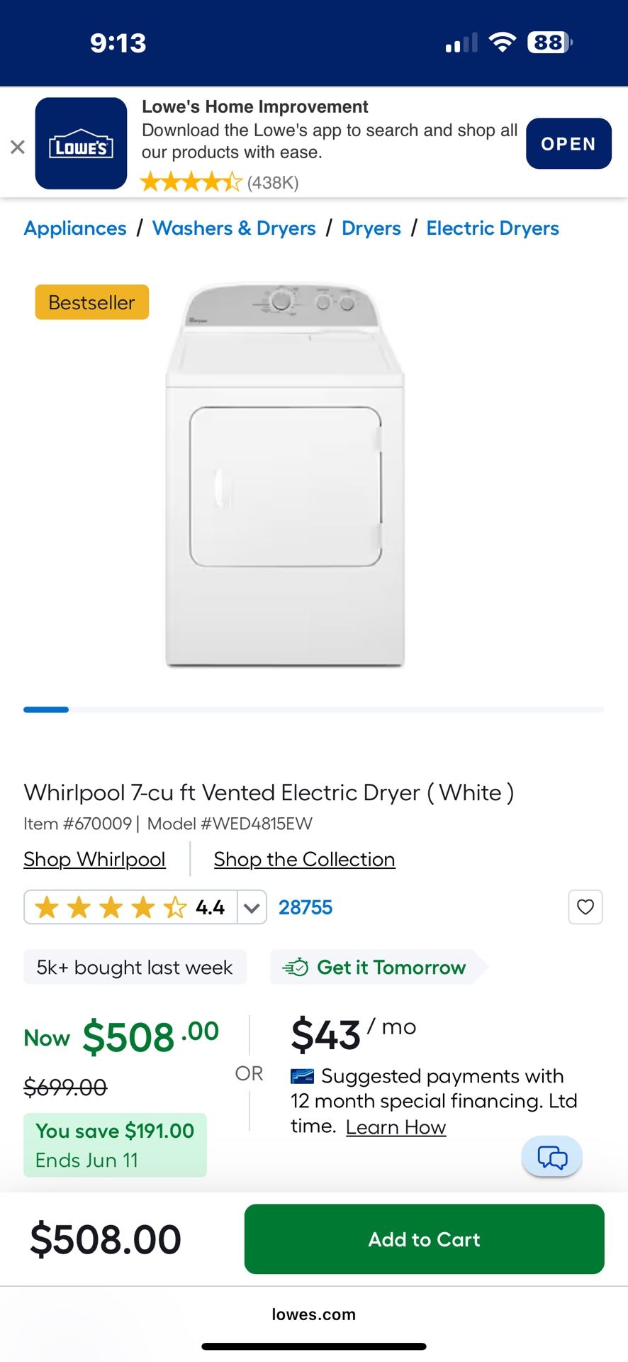 Whirlpool electric Dryer