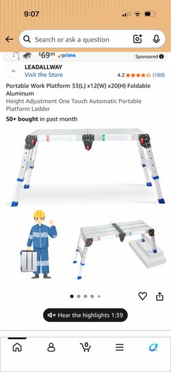 Portable Work Platform 33(L) x12(W) x20(H) Foldable Aluminum