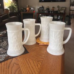 Federal Glass Milk Glass Beer Stein Mug 6" Tumbler Tankard Tavern Scene Set Of 4