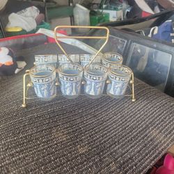 Vintage Greek 1960 /70s 8 Shot Glass Wirh Holder