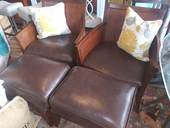 2 NICE WICKER AND LEATHER CHAIRS. WITH OTTOMAN AT PICKY PINCHERS 5912 54TH AVE N KENNETH CITY 33709 NOON TO 6