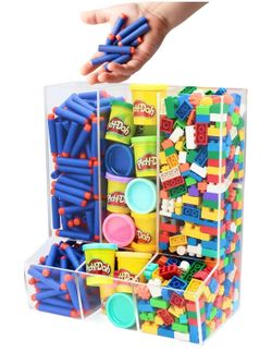 Simply Imagine Clear acrylic toy organizer with 3 compartments, perfect for storing small toys like LEGO bricks, Play-Doh, and Nerf darts. #kidcore #p